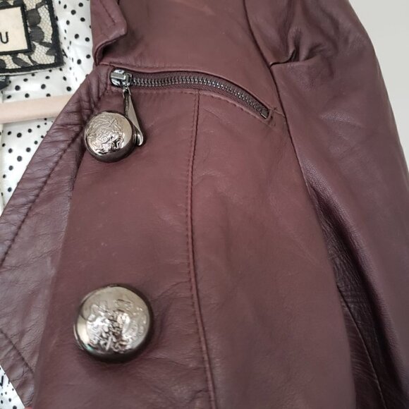 Eva Ouxiu Burgundy Lambskin Leather Crop Slim Fit Ruffled Moto Jacket - Picture 5 of 13